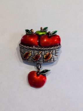 Vintage Signed AJMC Apple Basket Decorative Pin - Red and Green Brooch